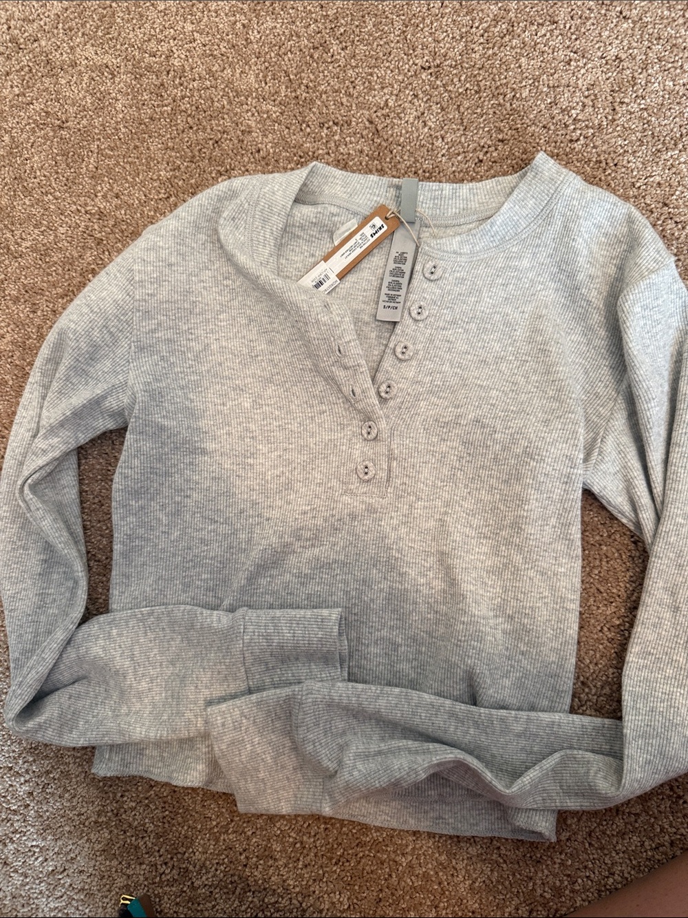 Skims Light Gray Cotton RibHenley Long-Sleeve Top NWT